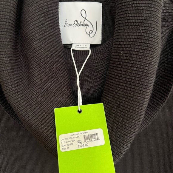 NWT Sam Edelman Knit Cowl Neck Long Sleeve Mini Dress with Tie Belt, Black, M - Picture 7 of 11